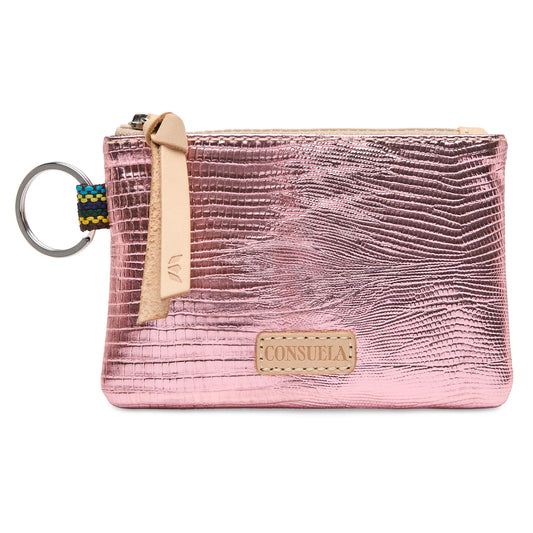 Consuela Elodie Pouch featuring a metallic pink snake-print textured exterior with a natural leather logo and key ring.
