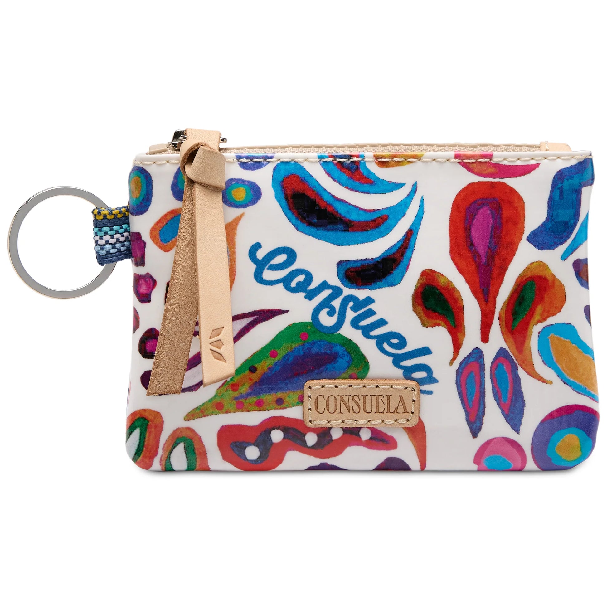 Consuela Bianca Pouch featuring a vibrant multi-color floral pattern; compact wipeable ConsuelaCloth™ accessory bag.
