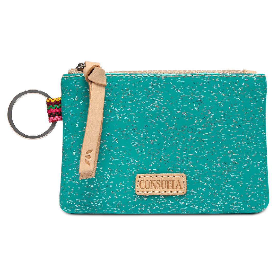 Consuela Shay Pouch front view, teal textured pouch with leather wristlet pull and Consuela tag