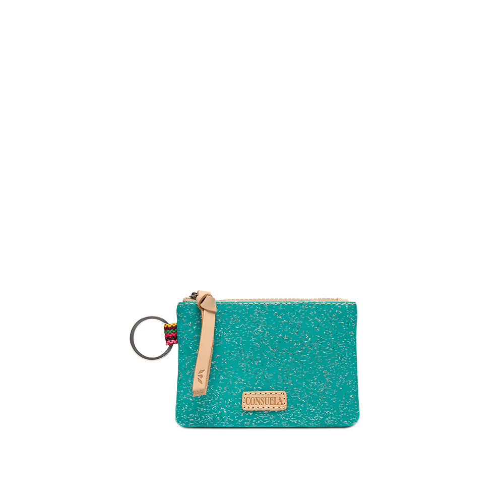 Consuela Shay Pouch in vibrant teal textured finish with keyring and leather zipper pull, front view