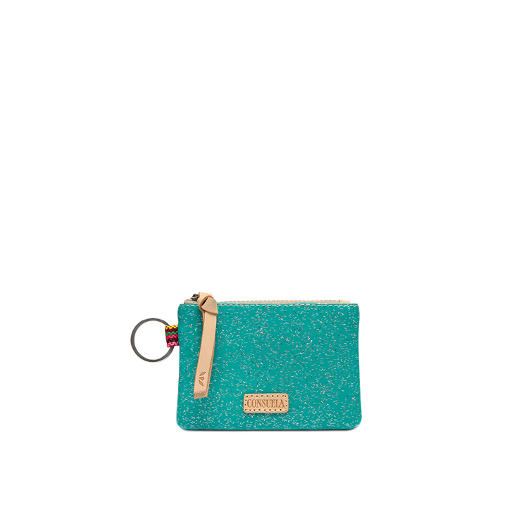 Consuela Shay Pouch in vibrant teal textured finish with keyring and leather zipper pull, front view