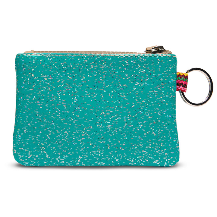 Consuela Shay Pouch back view in teal textured fabric with keyring and colorful woven zipper detail