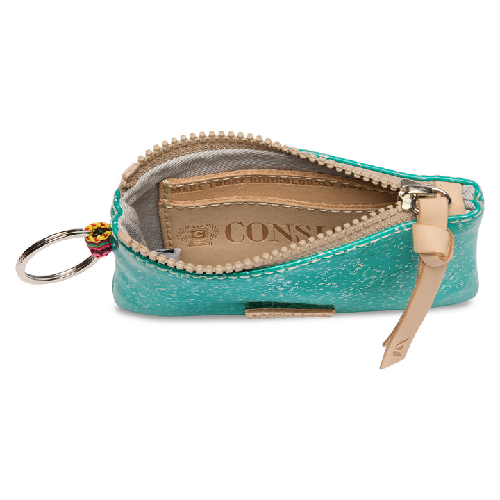 Consuela Shay Pouch unzipped showing interior lining and Consuela stamp