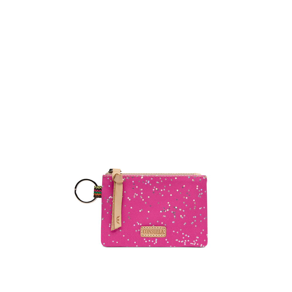 Consuela Berry pouch, with a silver glitter speckle pattern, a natural leather strap, and a metal keyring.
