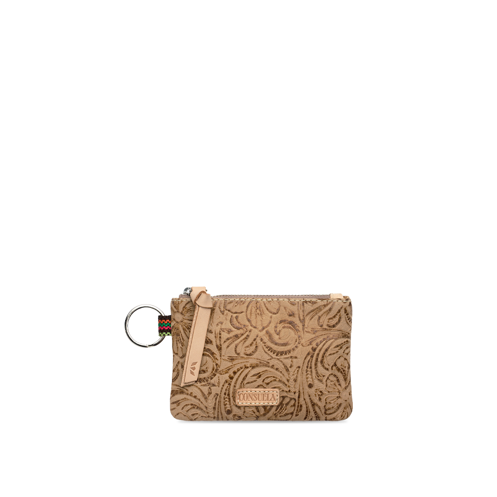 Consuela Lawton pouch, a tooled leather pouch with a matching wristlet strap and a silver key ring, shown against a background.