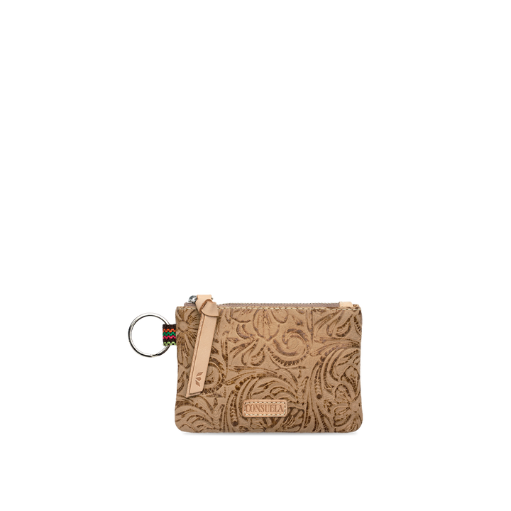 Consuela Lawton pouch, a tooled leather pouch with a matching wristlet strap and a silver key ring, shown against a background.