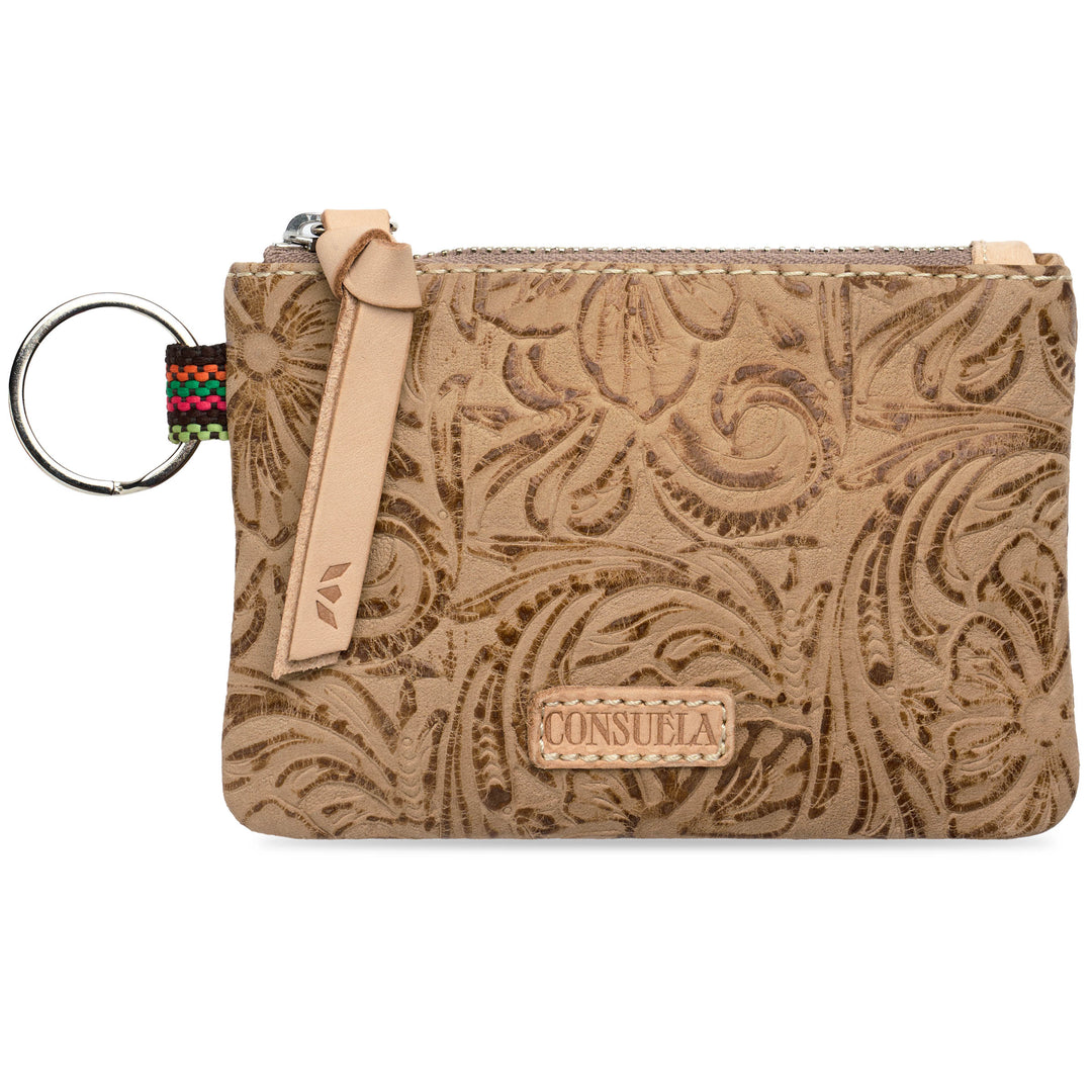 Consuela Lawton wristlet pouch featuring a colorful woven accent strip and a &