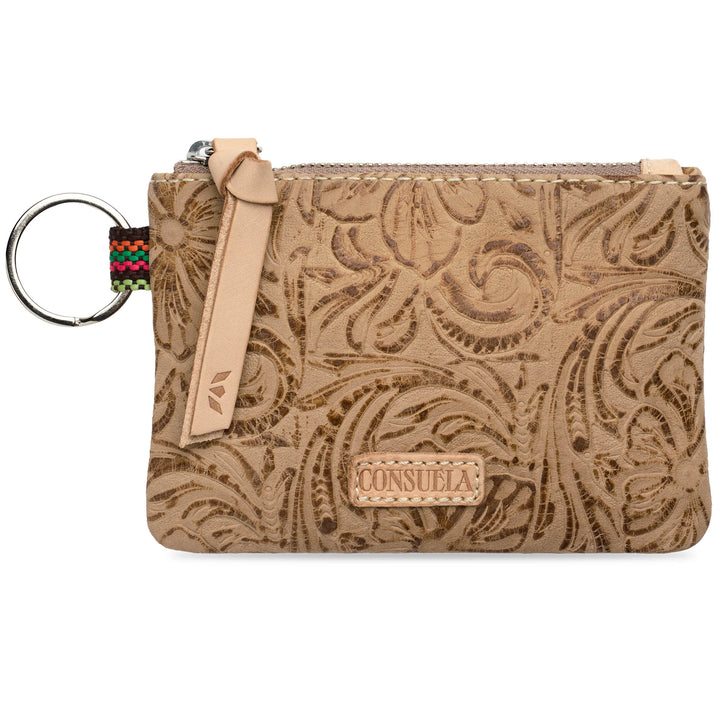 Consuela Lawton wristlet pouch featuring a colorful woven accent strip and a &