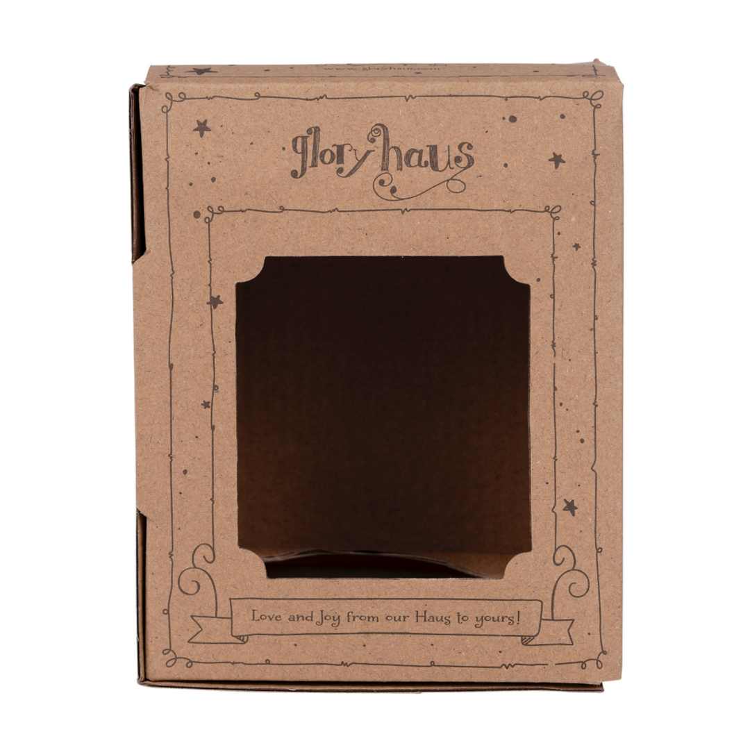 Glory Haus Mascot Puff Ornament in gift box — arrives packaged and ready to give.