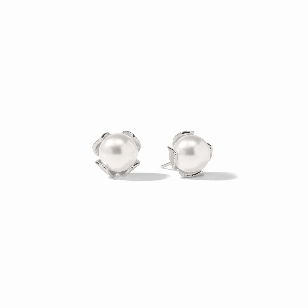 Julie Vos Penelope Silver Stud earrings featuring a luminous white glass pearl and signature hammered pure silver plating.