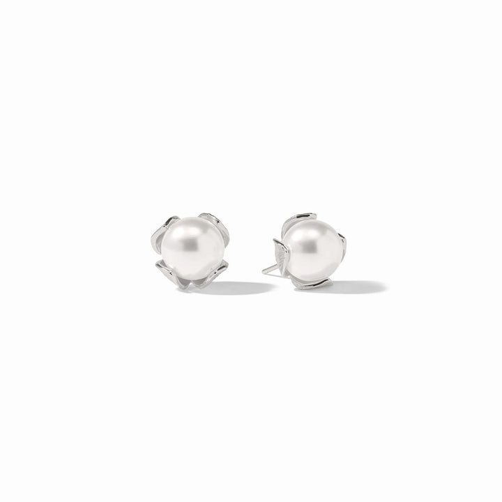Julie Vos Penelope Silver Stud earrings featuring a luminous white glass pearl and signature hammered pure silver plating.