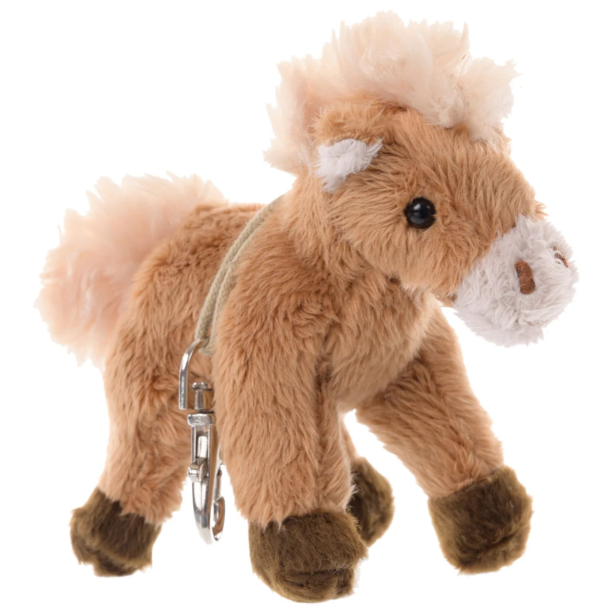 Small chocolate brown plush pony keychain with a fuzzy mane and metal attachment clip.