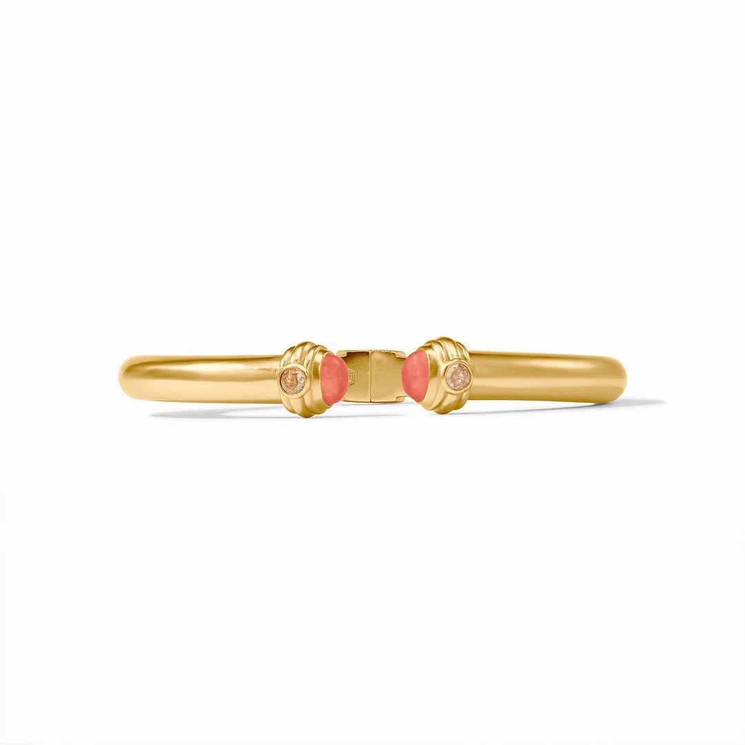 Close-up of the spring hinge and Julie Vos hallmark on the gold Portofino cuff.
