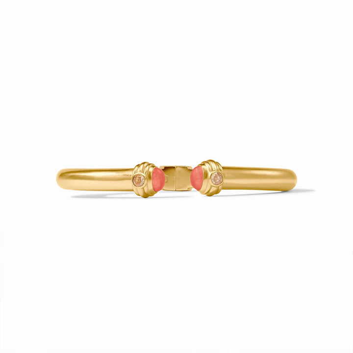 Close-up of the spring hinge and Julie Vos hallmark on the gold Portofino cuff.