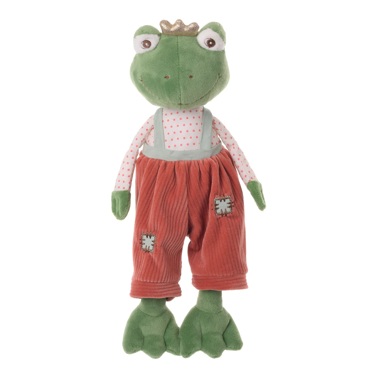 12-inch green plush frog named Prince wearing red corduroy overalls and a golden crown.