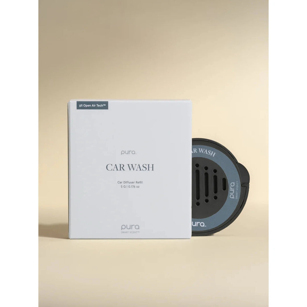 Pura Car Wash smart fragrance vial for car diffusers, featuring a clean white and blue label.