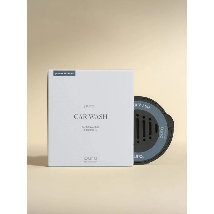 Pura Car Wash smart fragrance vial for car diffusers, featuring a clean white and blue label.