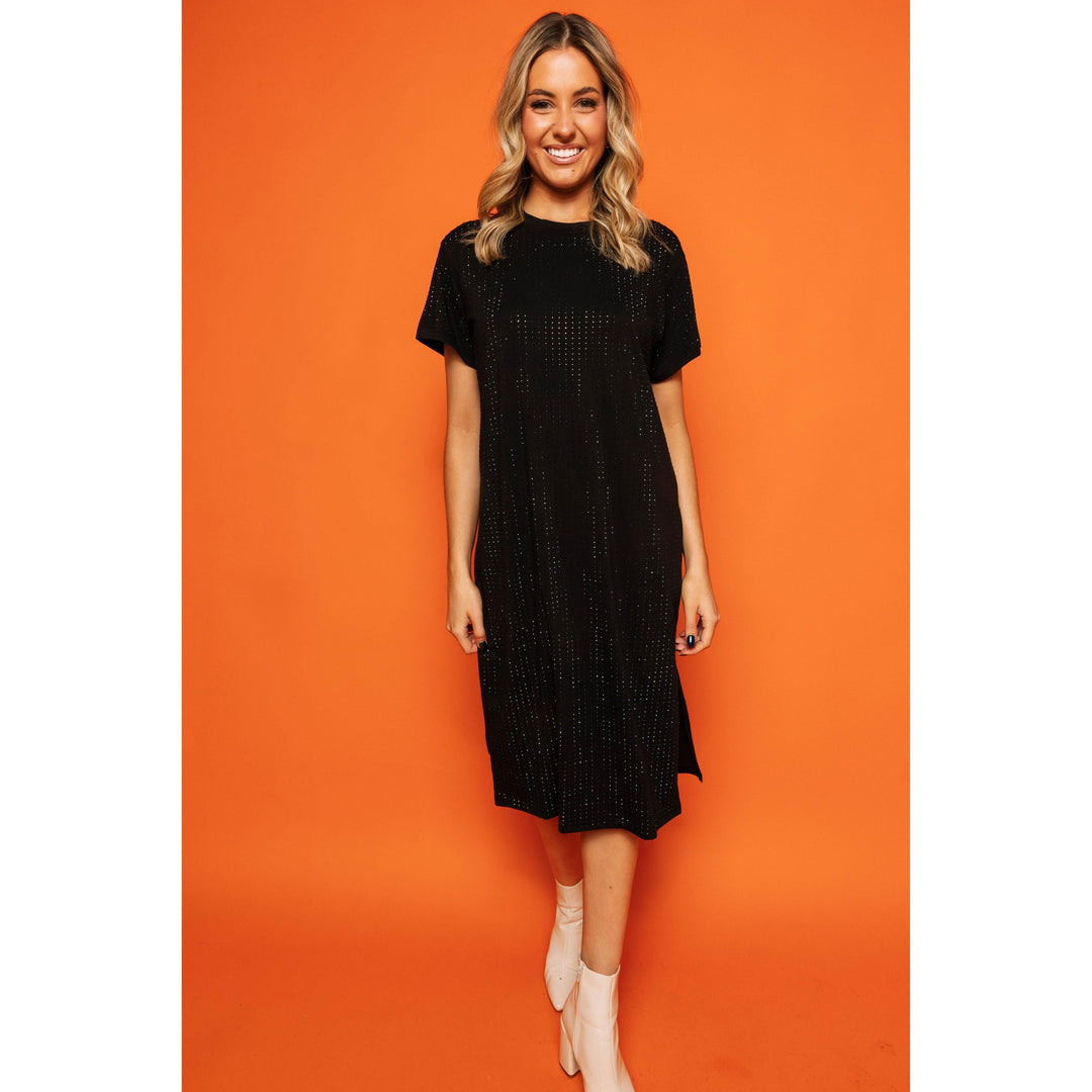 Black Rhinestone Midi Tee Dress