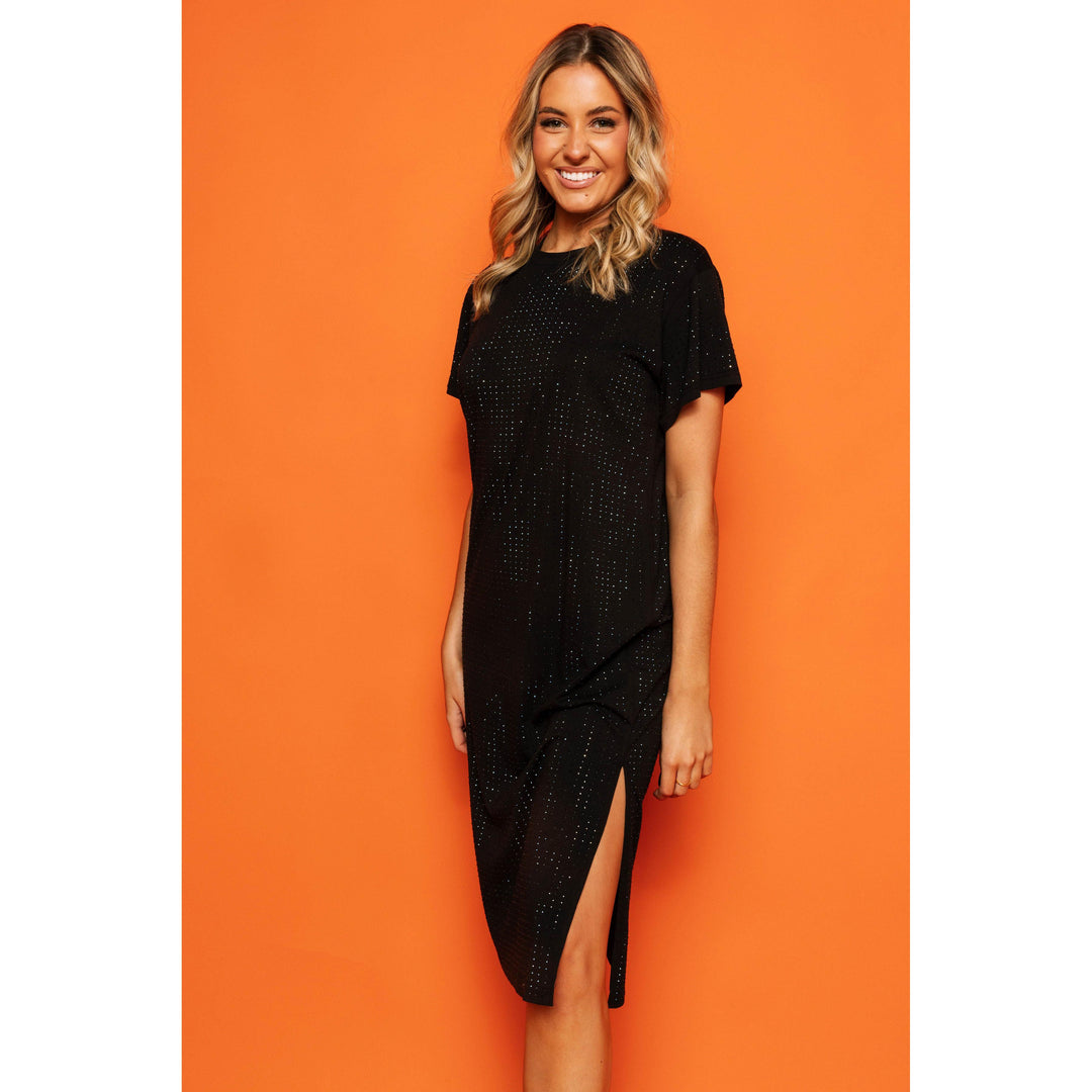 Black Rhinestone Midi Tee Dress