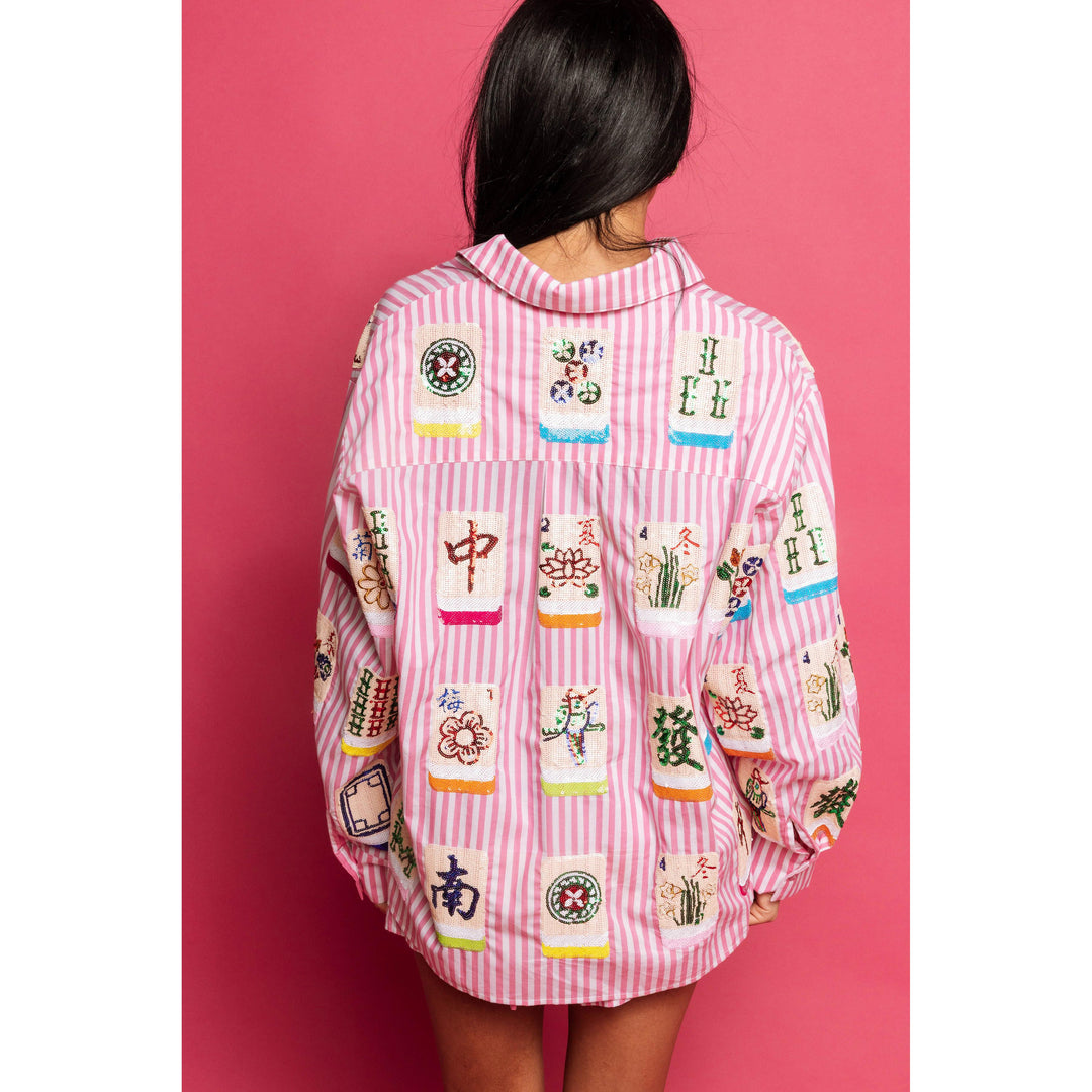 Pink &amp; White Striped Mahjong Cotton Button Down Top