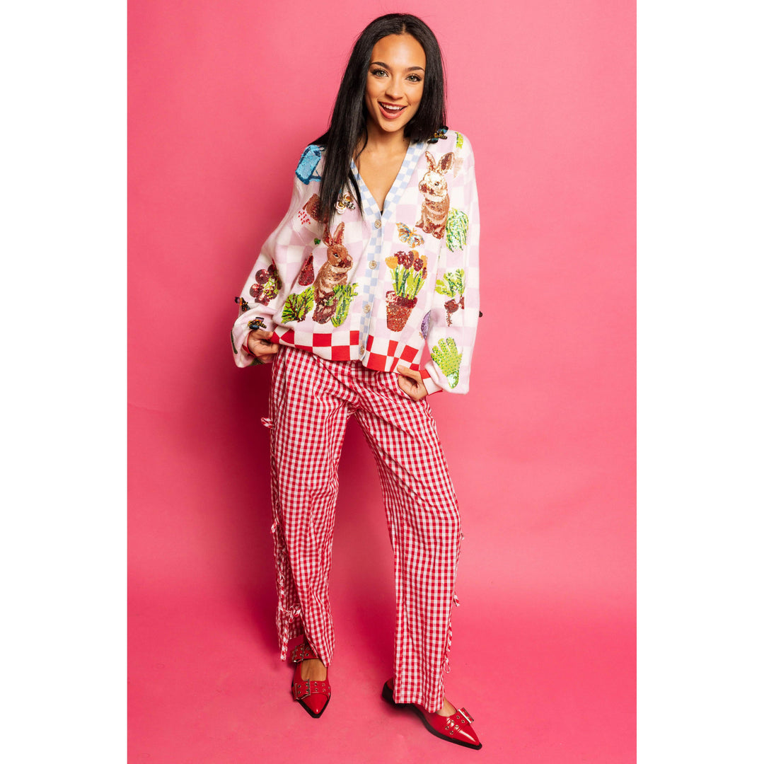Pink &amp; White Checkered Bunny and Plants Cardigan