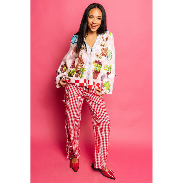 Pink &amp; White Checkered Bunny and Plants Cardigan