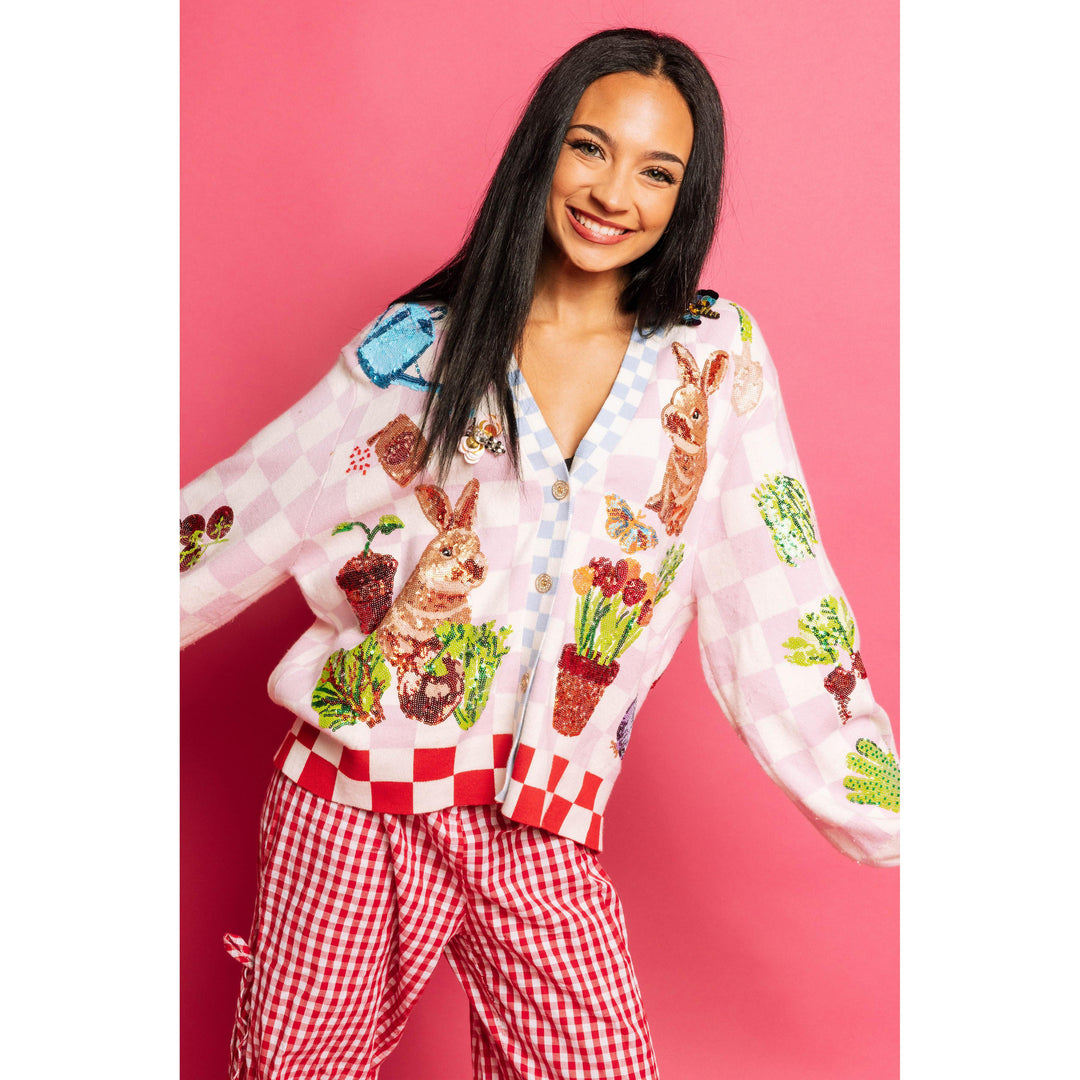 Pink &amp; White Checkered Bunny and Plants Cardigan