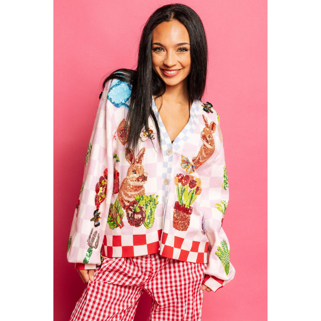 Pink &amp; White Checkered Bunny and Plants Cardigan