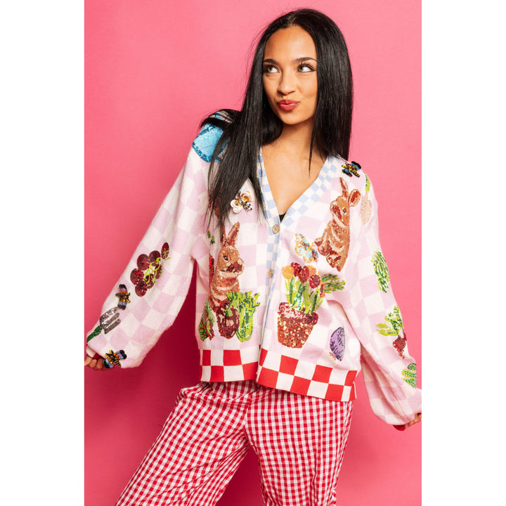 Pink &amp; White Checkered Bunny and Plants Cardigan