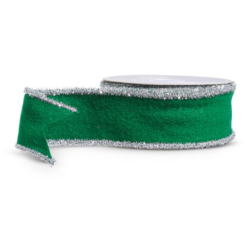 2.5" X 10 YDS GREEN FELT RIBBON WITH TINSEL TRIM