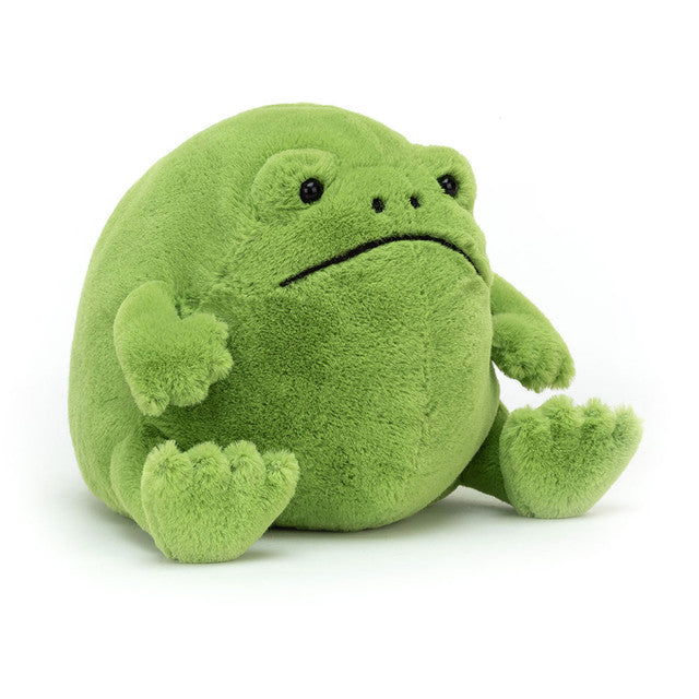 Jellycat Ricky Rain Frog plush; grumpy green frog with a round, weighted sitting body.