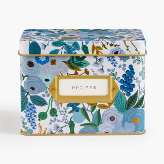Garden Party Blue Tin Recipe Box