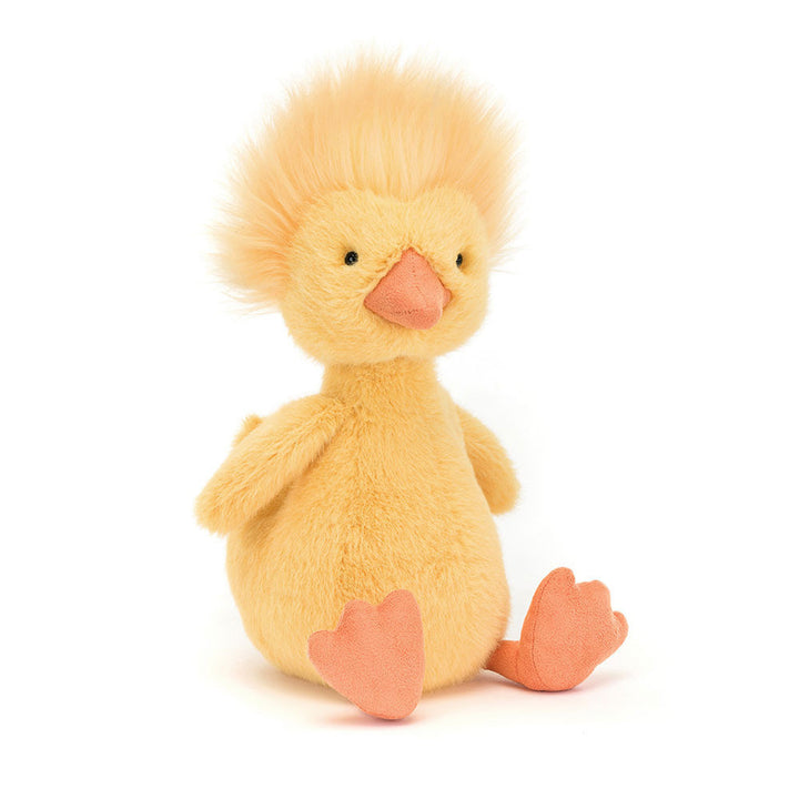 Bright yellow Jellycat Dorit Duckling plush with tufty hair and an orange beak.