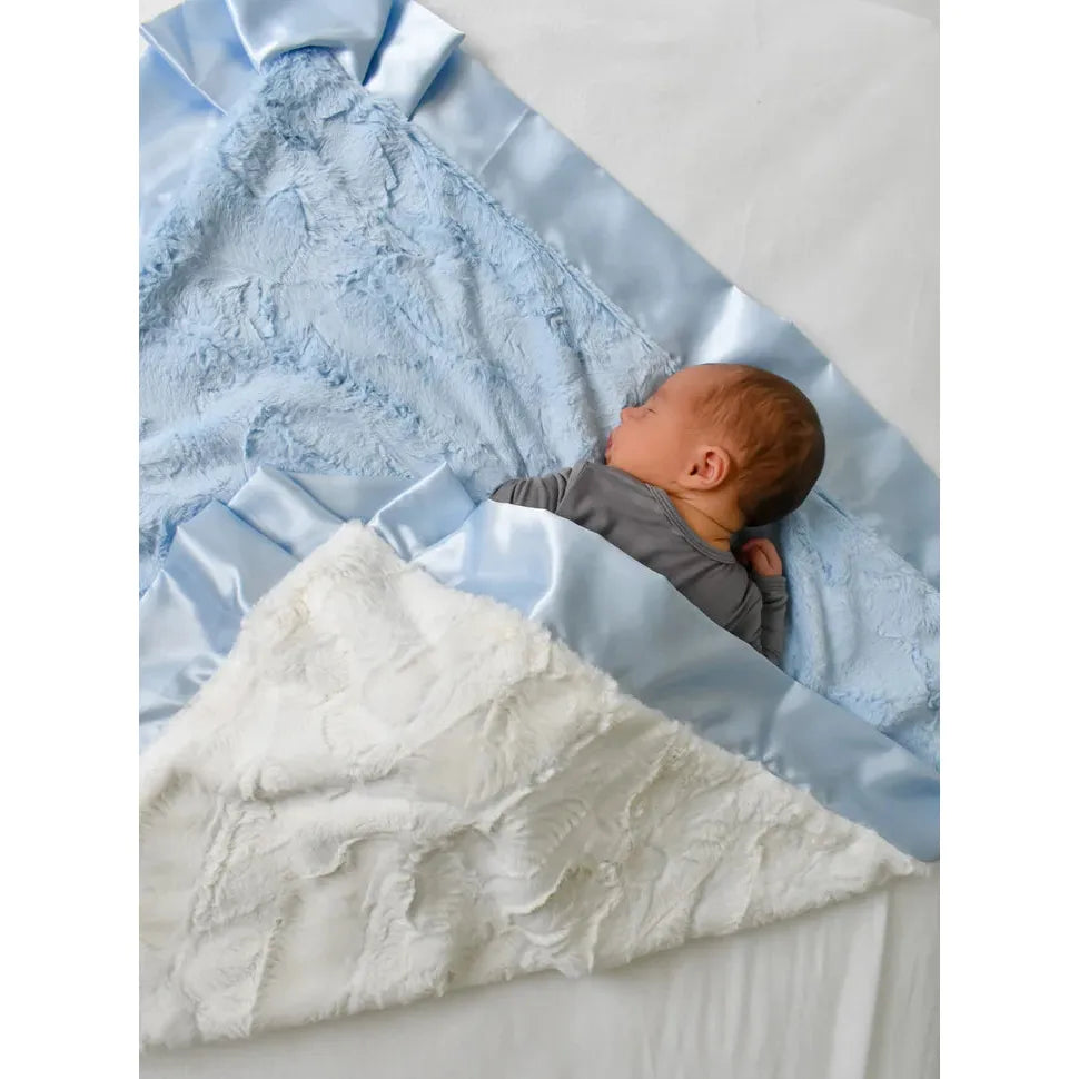 Rockin Royalty Classic Baby Blue Luxe Cuddle Blanket - Satin Ruffle Trim (34" x 34")