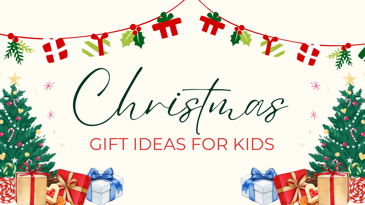 Decorative banner with Christmas trees, presents, and garlands for 'Christmas Gift Ideas for Kids'.