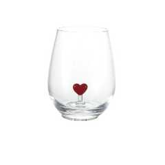 18 oz stemless wine glass with a hand-blown red heart inside the base.