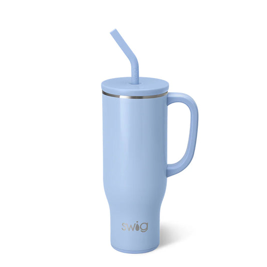 30oz insulated Shimmer Periwinkle Mega Mug by Swig Life with a comfort-grip handle and straw.