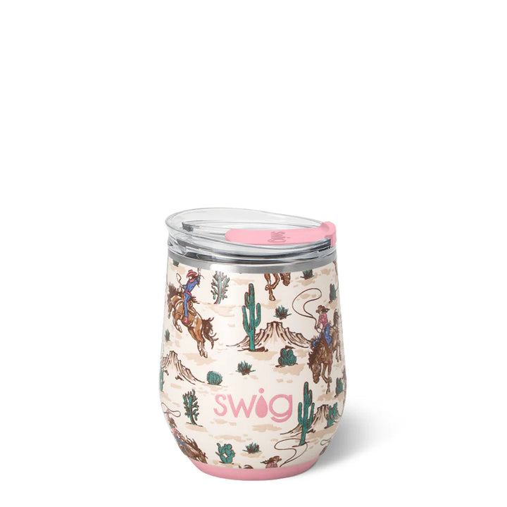 12oz insulated stemless wine cup by Swig Life with a "Giddy Up" Western print featuring cowboy boots and hats.