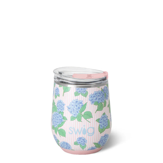 12oz stemless insulated wine cup by Swig Life featuring a blue and pink hydrangea floral pattern.