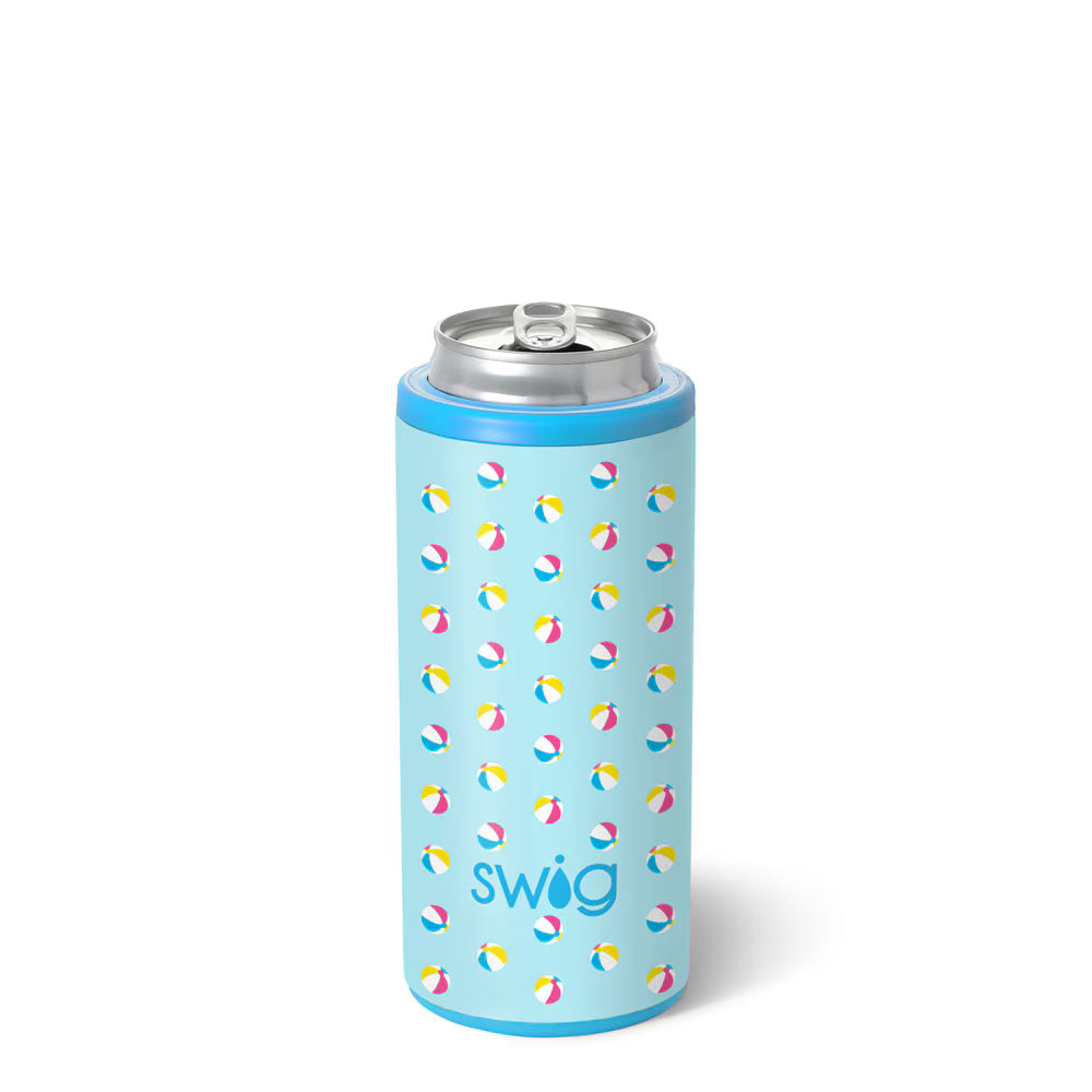12oz insulated skinny can cooler by Swig Life with a colorful Beach Balls print for summer.