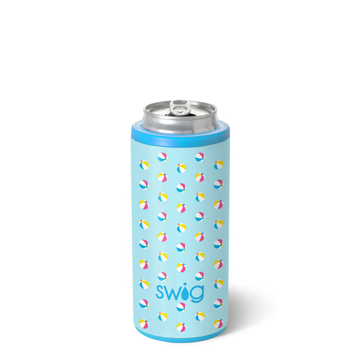 12oz insulated skinny can cooler by Swig Life with a colorful Beach Balls print for summer.