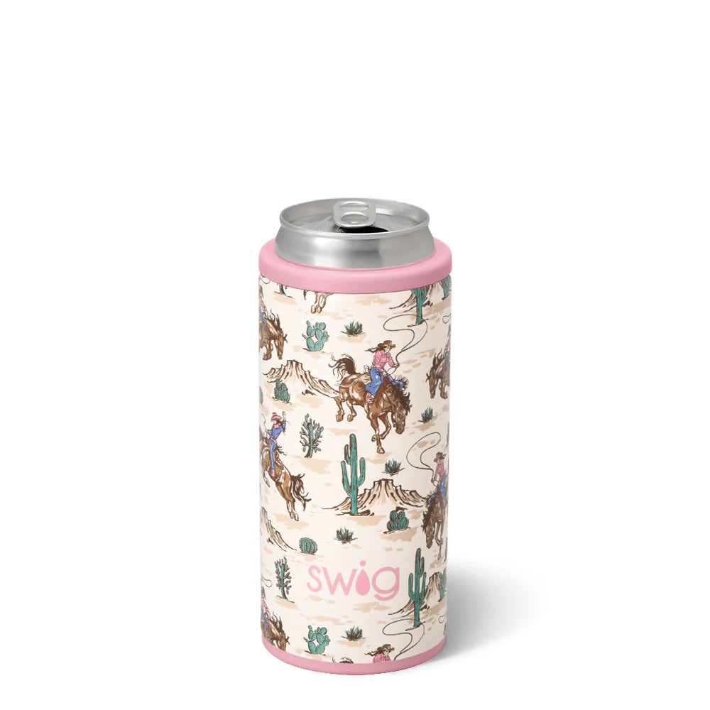 12oz insulated skinny can cooler by Swig Life featuring a Western Giddy Up print with cowboy boots and hats.