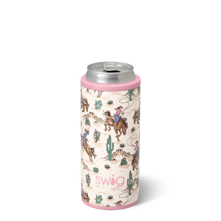12oz insulated skinny can cooler by Swig Life featuring a Western Giddy Up print with cowboy boots and hats.