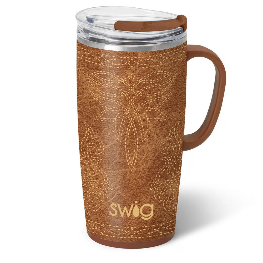 22oz insulated travel mug by Swig Life in a rich cognac leather-inspired saddle stitch print with a handle.