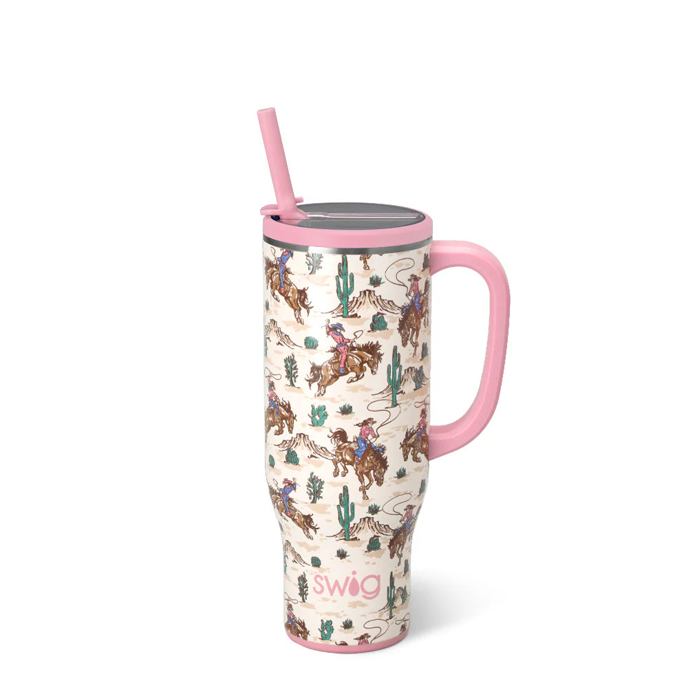 30oz insulated Mega Mug by Swig Life featuring a Western Giddy Up print with a pink handle and matching straw.