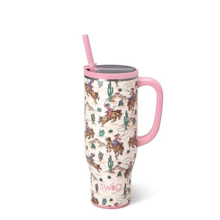 30oz insulated Mega Mug by Swig Life featuring a Western Giddy Up print with a pink handle and matching straw.