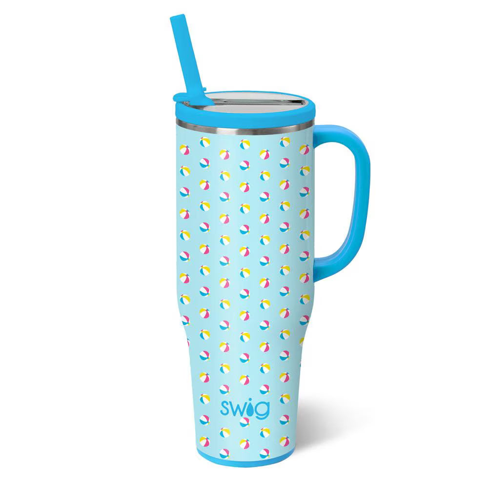 40oz insulated Mega Mug by Swig Life with a colorful Beach Balls print, pink handle, and matching straw.