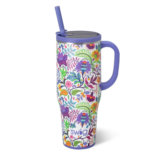 40oz insulated Mega Mug by Swig Life featuring a bold, colorful Mystique print with a comfort-grip handle and straw.