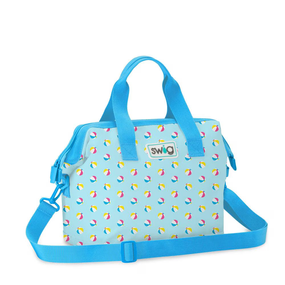 Small backpack-style insulated cooler by Swig Life in a colorful Beach Balls print.