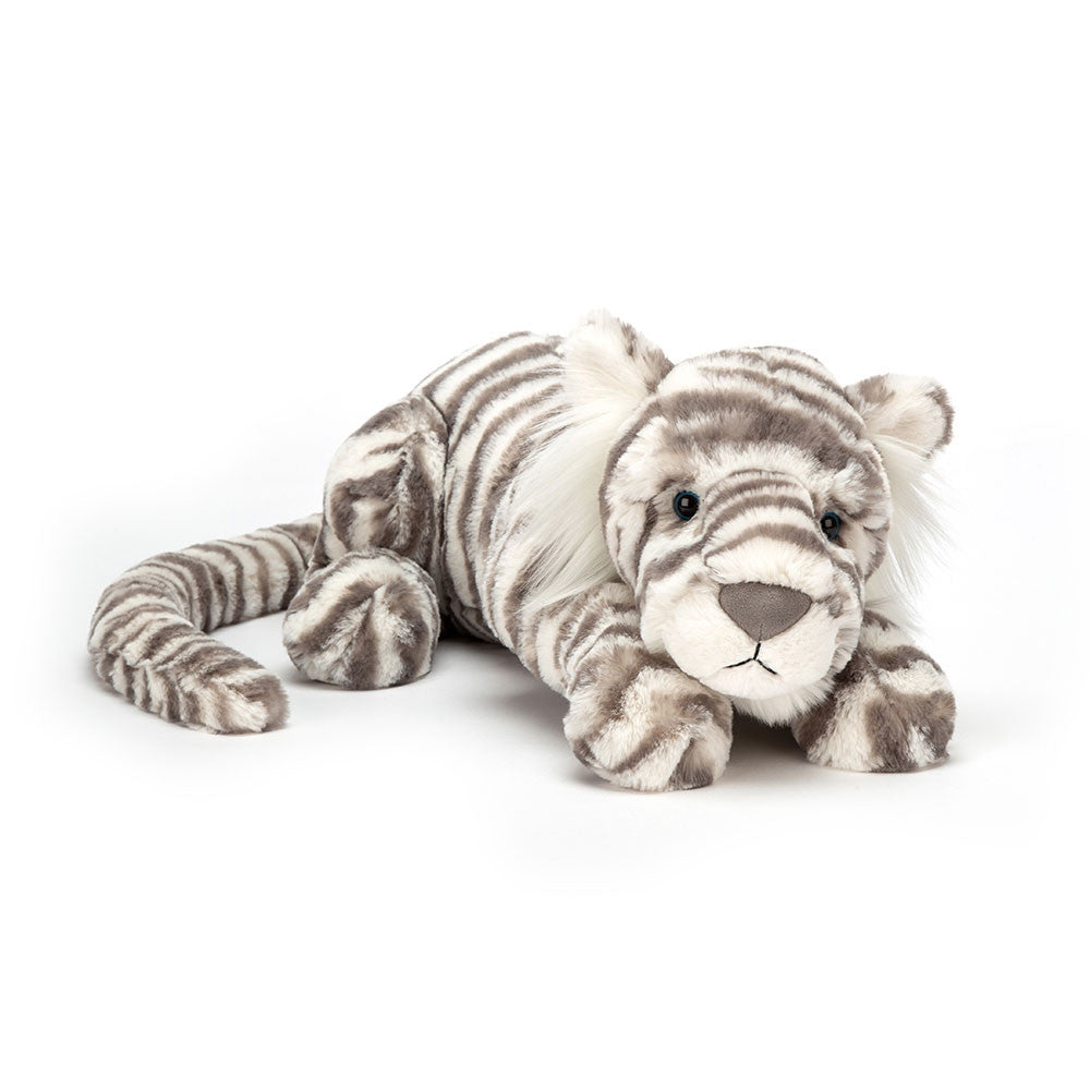 Premium Jellycat Sacha Snow Tiger plush toy highlighting its textured grey and cream striped fur, realistic whiskers, and floppy tail.